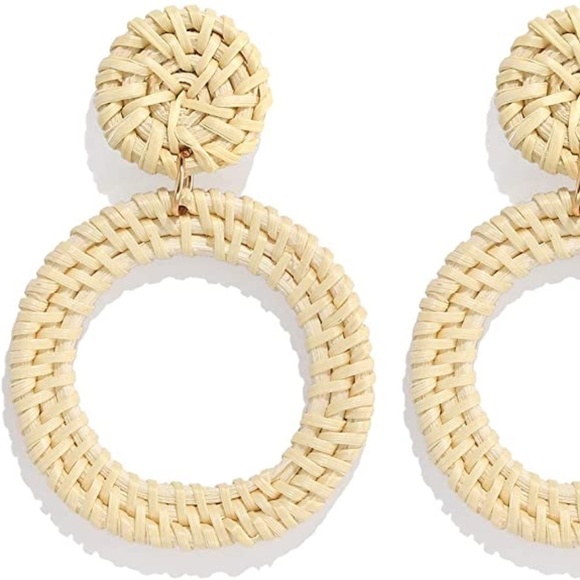 Weave Straw Double Disc Drop Earrings Boho Rattan Dangle Statement - Picture 7 of 7